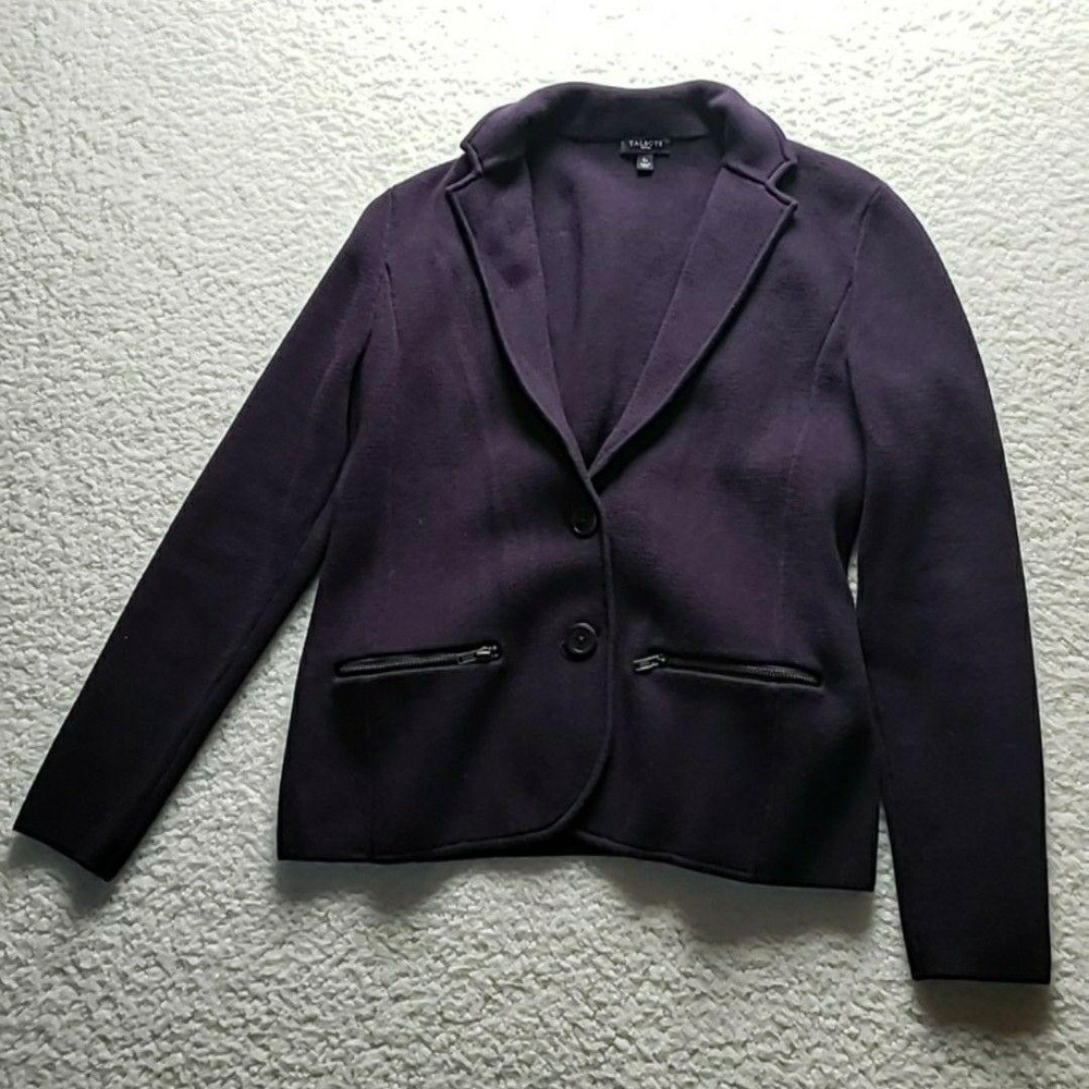 Talbots Blazer Jacket Womens Petite SP Purple‎ Knit Zip Pockets Tailored Career